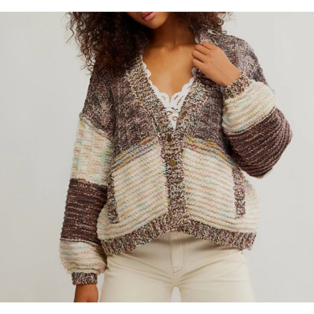 Free People Isabella Cardigan Chunky Knit Slouchy Brown Cream Patchwork L